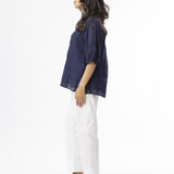 Cotton Gauze Pleated Blouse (Navy)