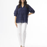 Cotton Gauze Pleated Blouse (Navy)